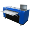 Impresora de formato ancho digital robusta grande masiva imponente fuerte poderosa aguantadora elegante profesional con tapas azul obscuro fácil de usar intuitiva bonita de calidad moderna